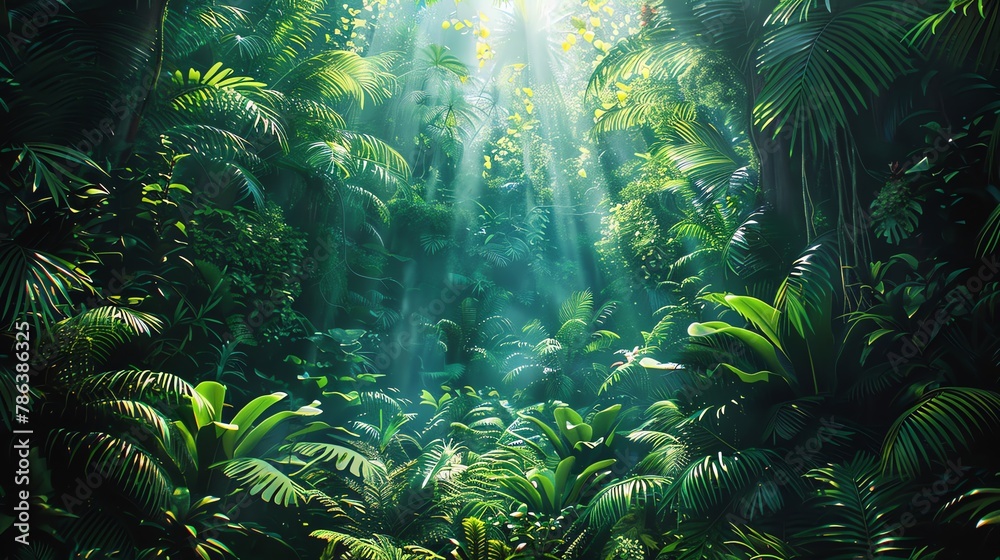 Lush jungle with vines and leaves that subtly form life symbols, hidden paradise Lush jungle with vines and leaves that subtly form life symbols, hidden paradise