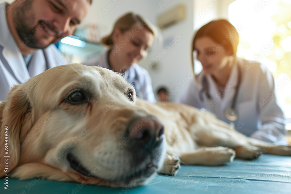 labrador dog being treated by veterinarian. pet examined at vet appointment, healthcare, vet clinic concept