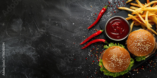 burger french fries peppers and ketchup on wooden surface, top view fast food hamburger chips and sauce on dark background with copy space