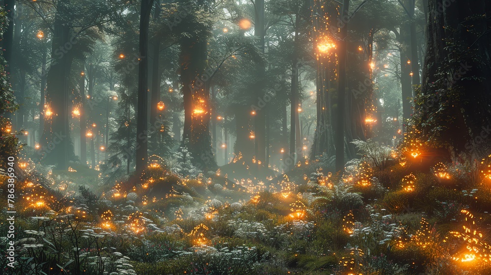 Mystical forest clearing with glowing runes floating in the air, ethereal light