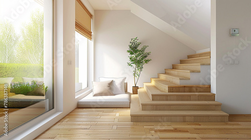 Elegant beige stairs in a lounge with Scandinavian design, accompanied by a window.