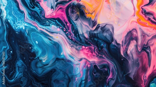 Fluent acrylic background with mixed overflowing paints. Fluid art texture colored waves and swirling forms. An abstract mixture of liquid colorants that flows up and down making wavy backdrop photo