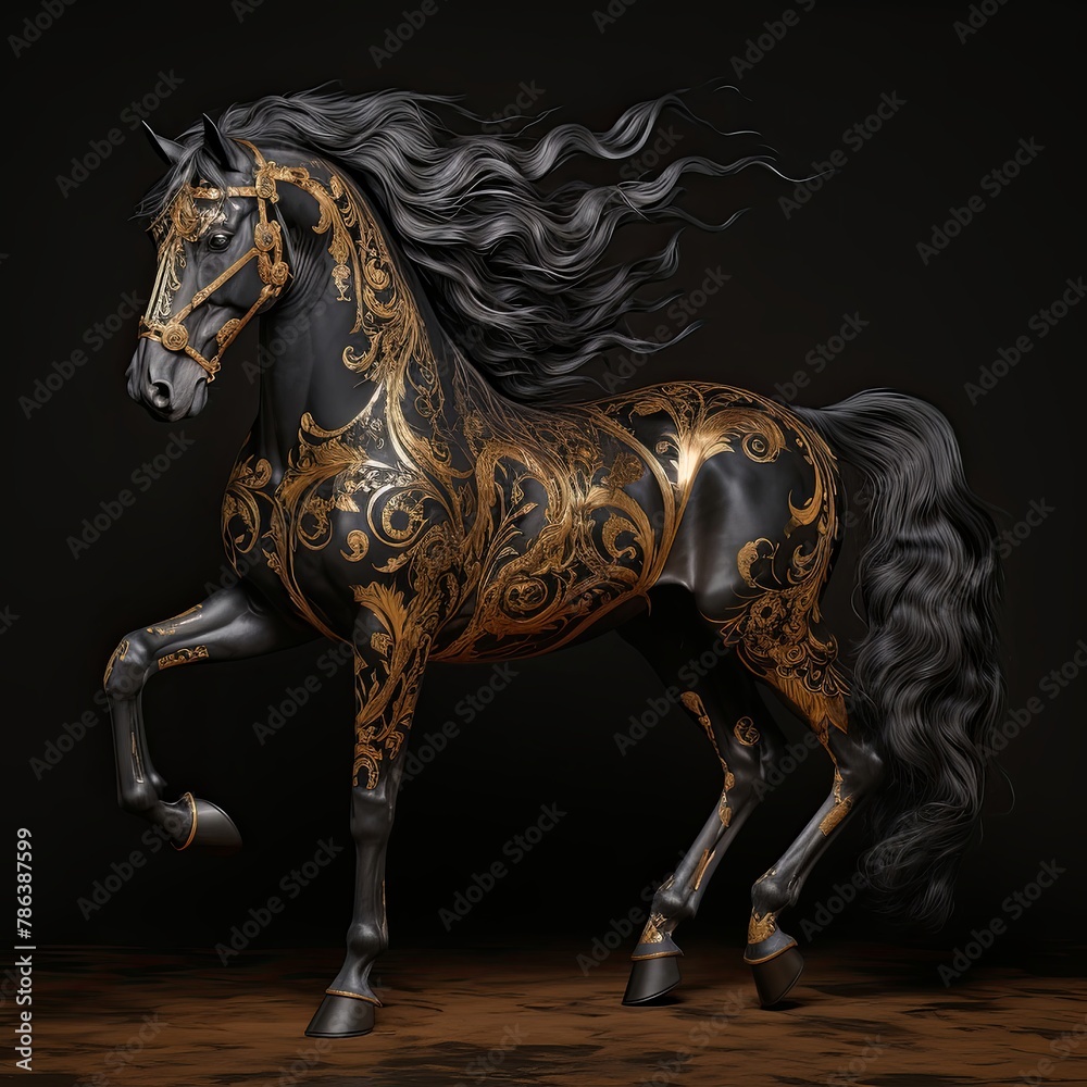 Black and gold horse statue with long mane on hind legs in wooden floor