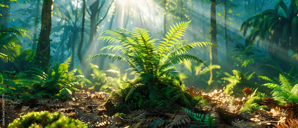 Sunlight Through a Dense Forest, Creating a Magical, Green Environment Filled with Ferns and Fresh Air
