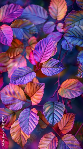 A close up photograph of colorful autumn leaves with the colors enhanced to make them appear more vibrant.