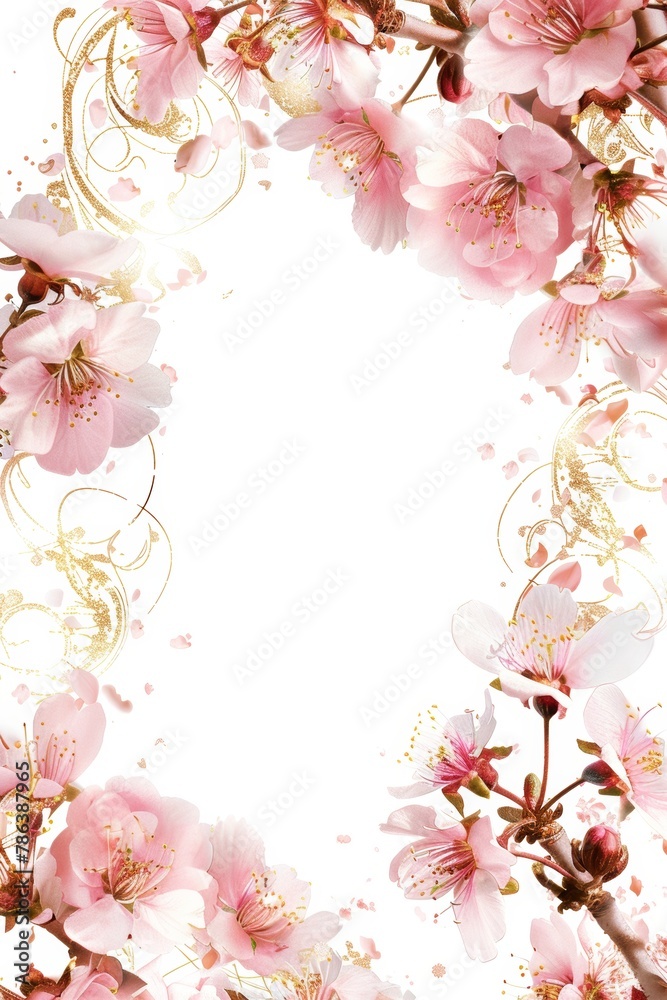 Spring Cherry Blossoms Frame with Golden Swirls