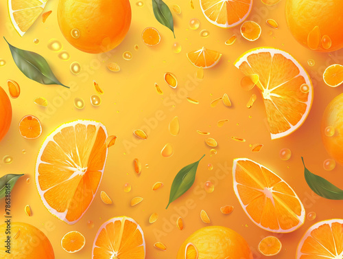 Orange fruits sliced top view on orange background. Design for packaging presentation, advertising and cosmetic product display background.  photo