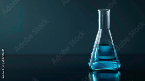 Laboratory glassware with light blue liquid on black 