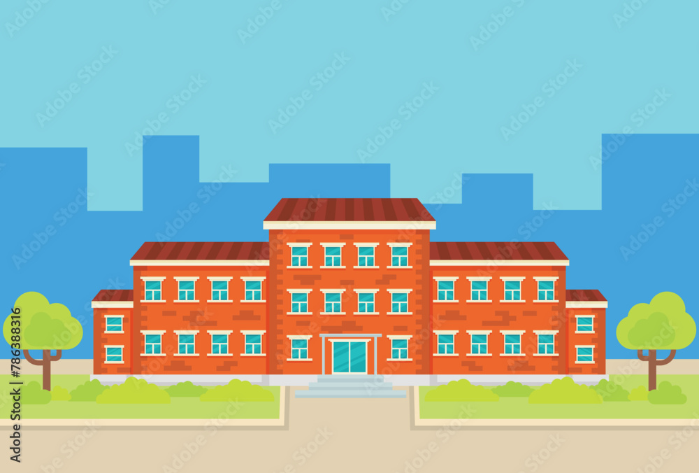 Vector brick building in flat style. Modern architecture, urban environment. School. Summer landscape with bushes and trees. Social environment for people. Working day.