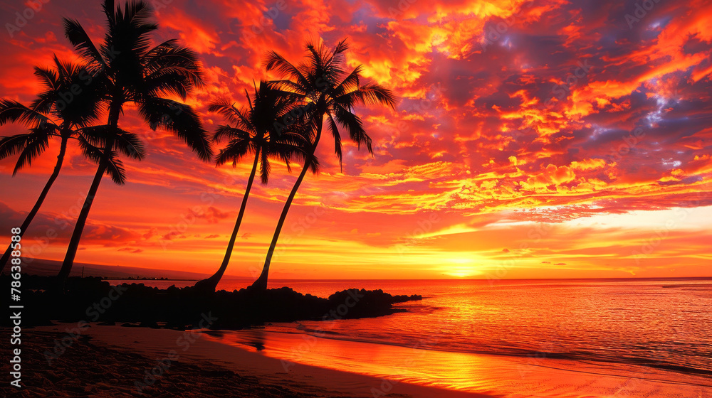 Picturesque palm trees silhouetted against a dramatic sunset sky with vivid clouds over a tranquil beach