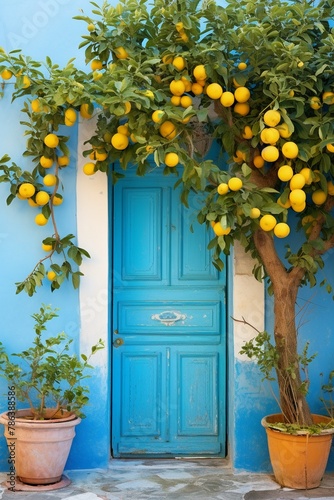 An aquamarine doorway with a lemon tree bearing fruit, its branches arching over a cobaltblue painted home ,  illustration © Amina