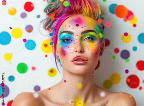 A beautiful woman with colorful hair and makeup, with colorful polka dots in the background, blowing a kiss, wearing candy colored beads on her hands against a white background