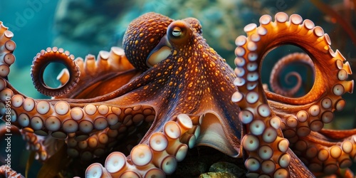 An octopus with its tentacles curled up in front of it, looking at the camera. © kanoktuch