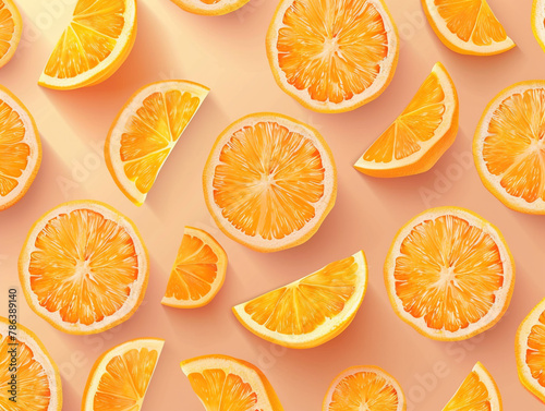 Orange fruits sliced top view on orange background. Design for packaging presentation, advertising and cosmetic product display background. 