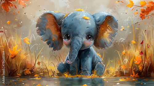illustration of a print of colorful cute baby elephant