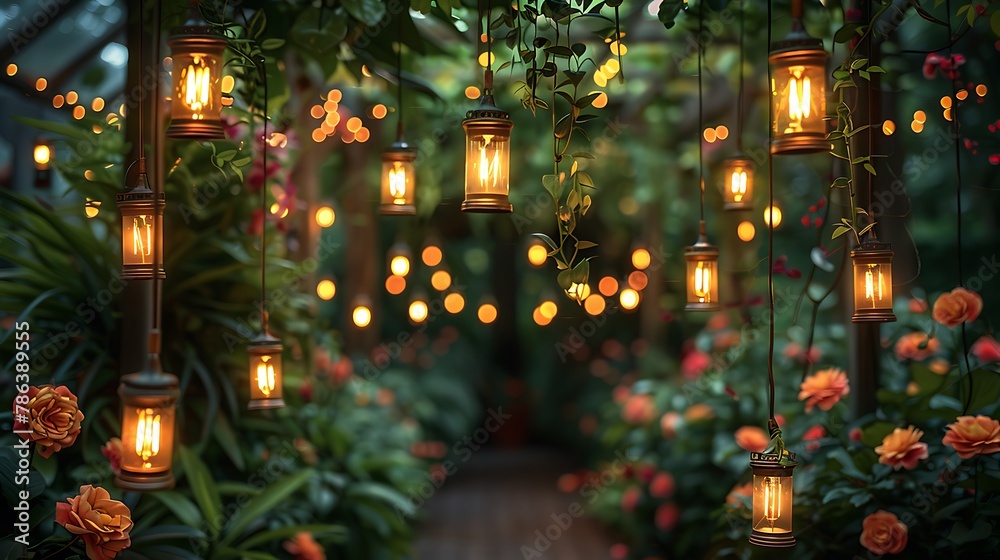 Design an extravagant canopy of twinkling fairy lights, weaving through lush foliage and enveloping the venue in a magical glow, reminiscent of a fairy tale setting.