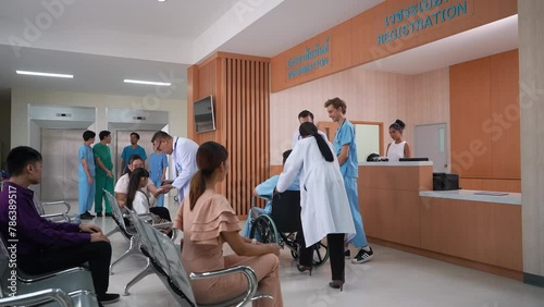 Medical staff and patients in a busy hospital reception services at information desk. many patients wait for health care specialists in a hospital waiting area. medical team doctors walking pass lobby