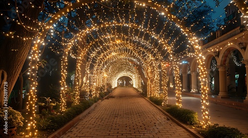 Design an extravagant canopy of twinkling fairy lights, weaving through lush foliage and enveloping the venue in a magical glow, reminiscent of a fairy tale setting.