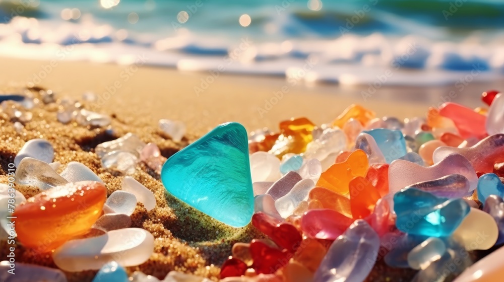 Colorful gemstones and polished sea glass scattered along the seashore, a sparkling close-up set against a summer beach backdrop in 4k
