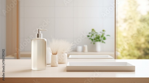 Minimalist white bathroom setting with a wooden table top in the foreground, blurred for focus, a pristine space for product presentation in 4k
