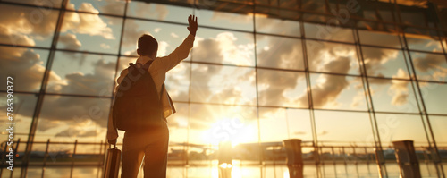 Traveler at airport waving goodbye during sunset.