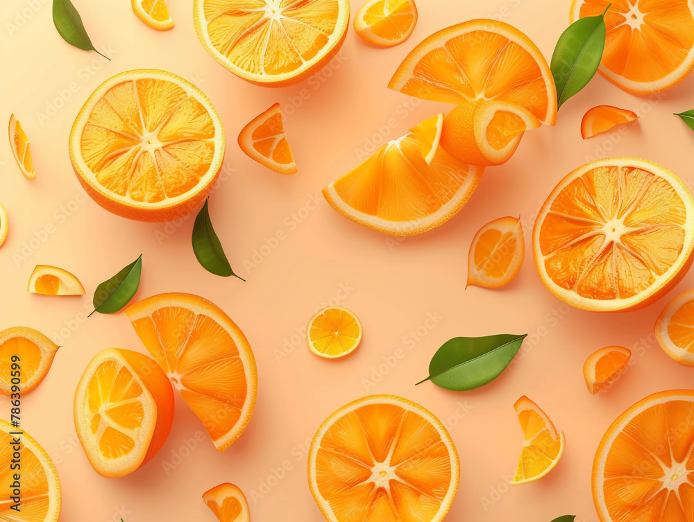 Orange fruits sliced top view on orange background. Design for packaging presentation, advertising and cosmetic product display background. Orange fruits sliced top view on orange background. Design for packaging presentation, advertising and cosmetic product display background.