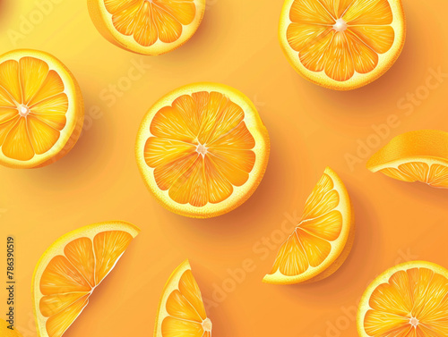 Orange fruits sliced top view on orange background. Design for packaging presentation, advertising and cosmetic product display background.  photo