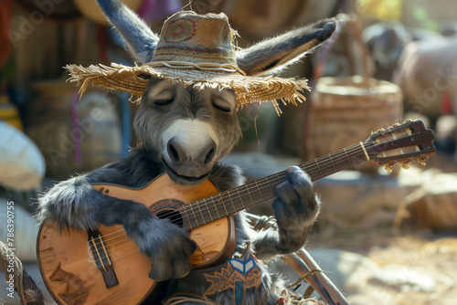 donkey in a straw hat plays the guitar sitting on the grass photo