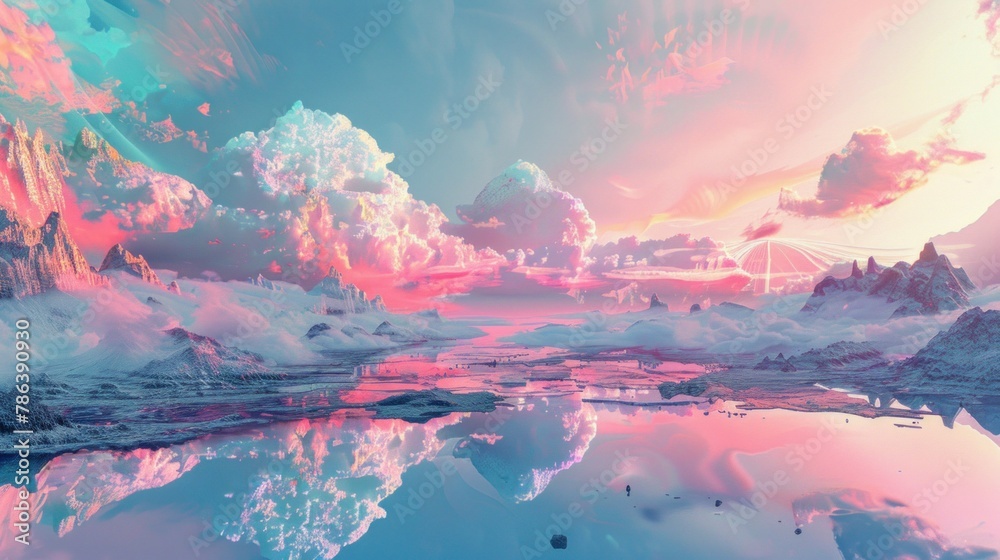 Surreal dreamlike landscape with vibrant colors reflecting in water, depicting fantasy world with ethereal mountains and skies. Visionary art and imaginative background.