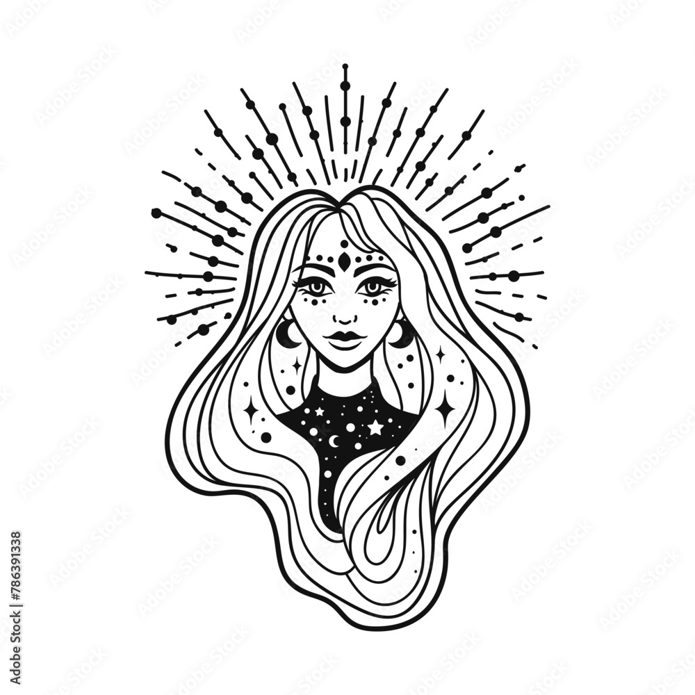 Fairy girl with space hair. Astrology and astronomy Business concept, fortune tellers, predictions, horoscope. Logo vector illustration. Witchcraft, spirituality. Coloring book