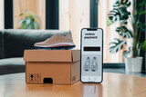 Online shopping: user ordering sneakers and clothes with e commerce web site using a mobile app, home delivery concept