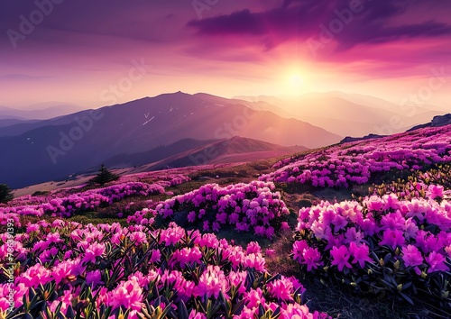 beautiful colorful rhododendron flower field on the mountain hill at sunset