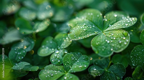 Close-up of shimmering dew on shamrock leaves, essence of spring's luck.