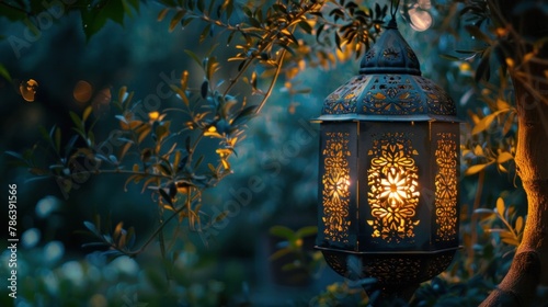 Ornamental Arabic lantern glowing warmly in serene setting. photo