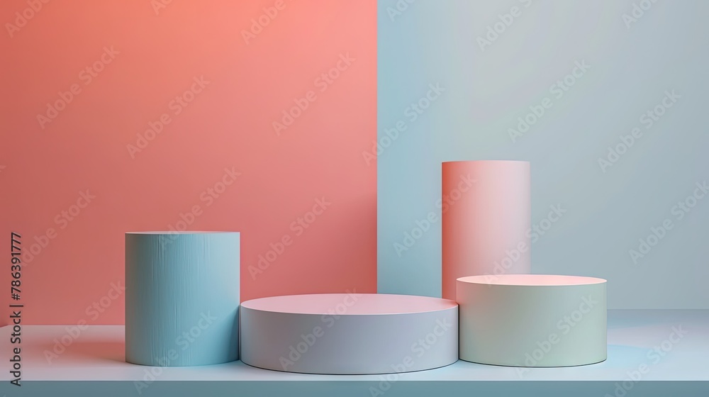 Minimalistic geometric podium setup with pastel blue and peach colors, ideal for product display and modern design aesthetics. Minimalistic geometric podium setup with pastel blue and peach colors, ideal for product display and modern design aesthetics.