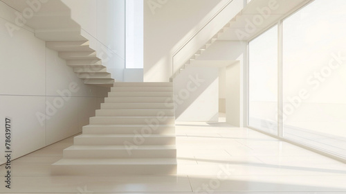 Elegant beige stairs in a modern Scandinavian lounge featuring a panoramic window. © ASMAT
