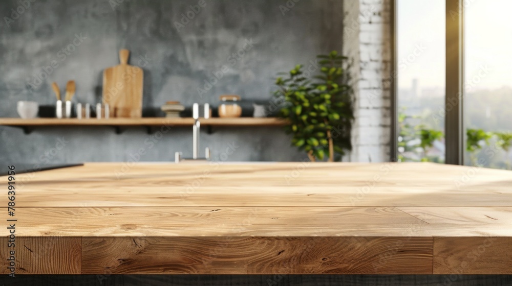 Empty wooden kitchen counter ready for display.