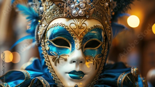 Carnival mask displayed against theatrical background, intricate design. © Postproduction