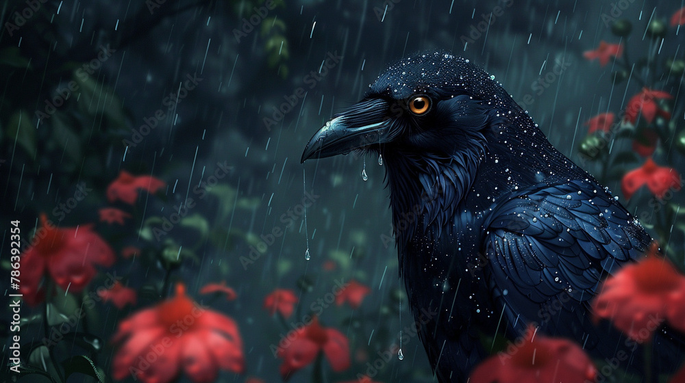 Obraz premium illustration of a crow in the rain flat style