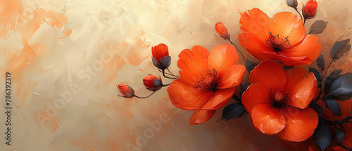 a many orange flowers on a wall with a brown background