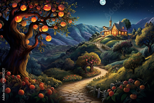 A glowing harvest moon behind an orchard of whimsical fruit trees, with a winding path leading to a cozy cottage ,  illustration photo