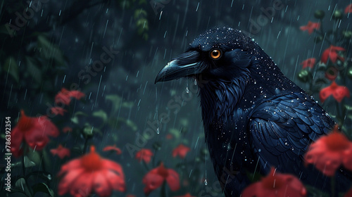 illustration of a crow in the rain flat style
