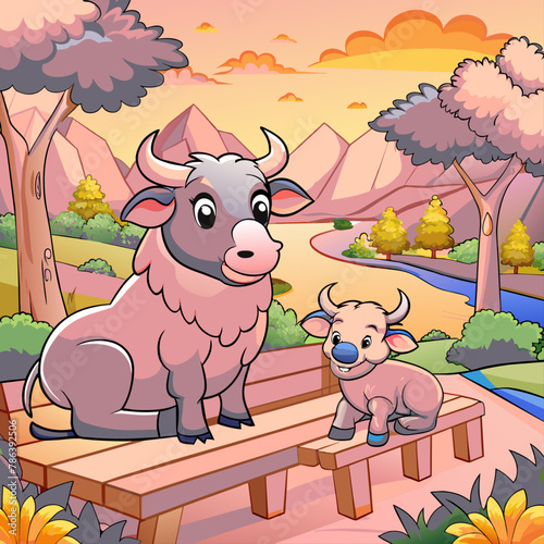 colorful buffalo vector,buffalo, cow, animal, cartoon, vector, cute, kawai, baby, mother, love, warm