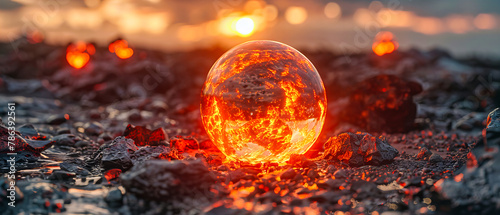 Sunset Reflected in a Crystal Ball on the Beach  Creating a Beautiful and Mystical Ocean View