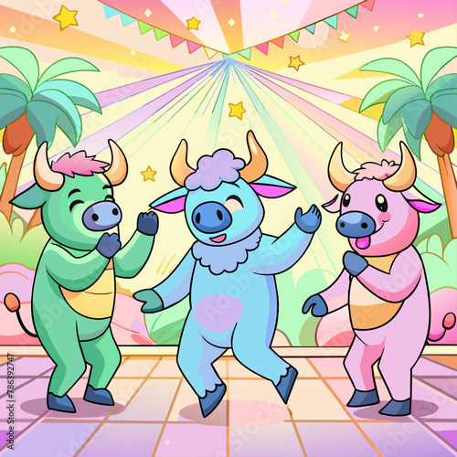 colorful buffalo vector,buffalo, cow, animal, cartoon, vector, cute, kawai, dance, party
