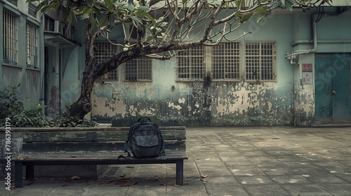 A school bag placed on a bench in a deserted school courtyard during a peaceful afternoon. photo