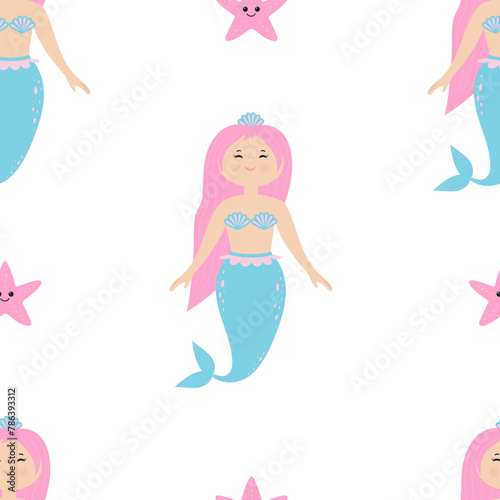 Seamless pattern with cute mermaid and starfish.