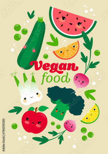 Vegan Food Cliparts and Typography, cute vector illustrations of vegetables and fruits in japanese kawaii style, vegetarian, zucchini, broccoli, fennel, apple, orange, lemon, watermelon, radish, peas (ID: 786393580)