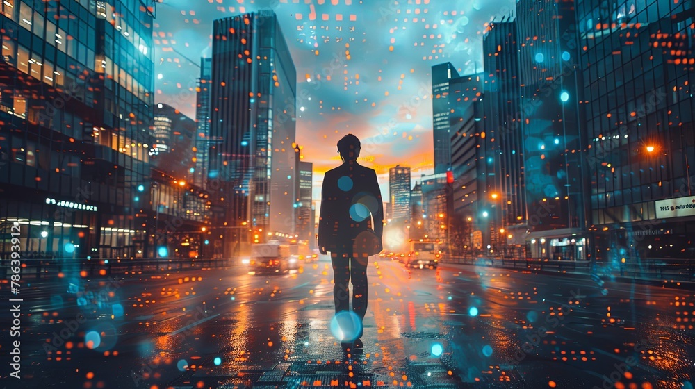 Businessman walking on the street wearing suit at sunset in the city with blurred bokeh background Businessman walking on the street wearing suit at sunset in the city with blurred bokeh background