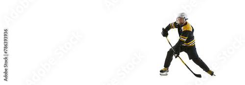 Canvas Print Man in uniform and helmet, focused hockey player in motion with stick, training isolated on white background